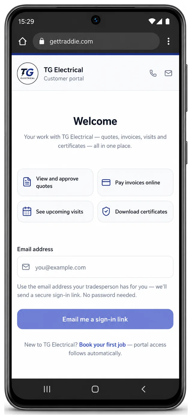 The Traddie customer portal on a phone, branded for TG Electrical, with buttons to approve quotes, pay invoices, see visits and download certificates
