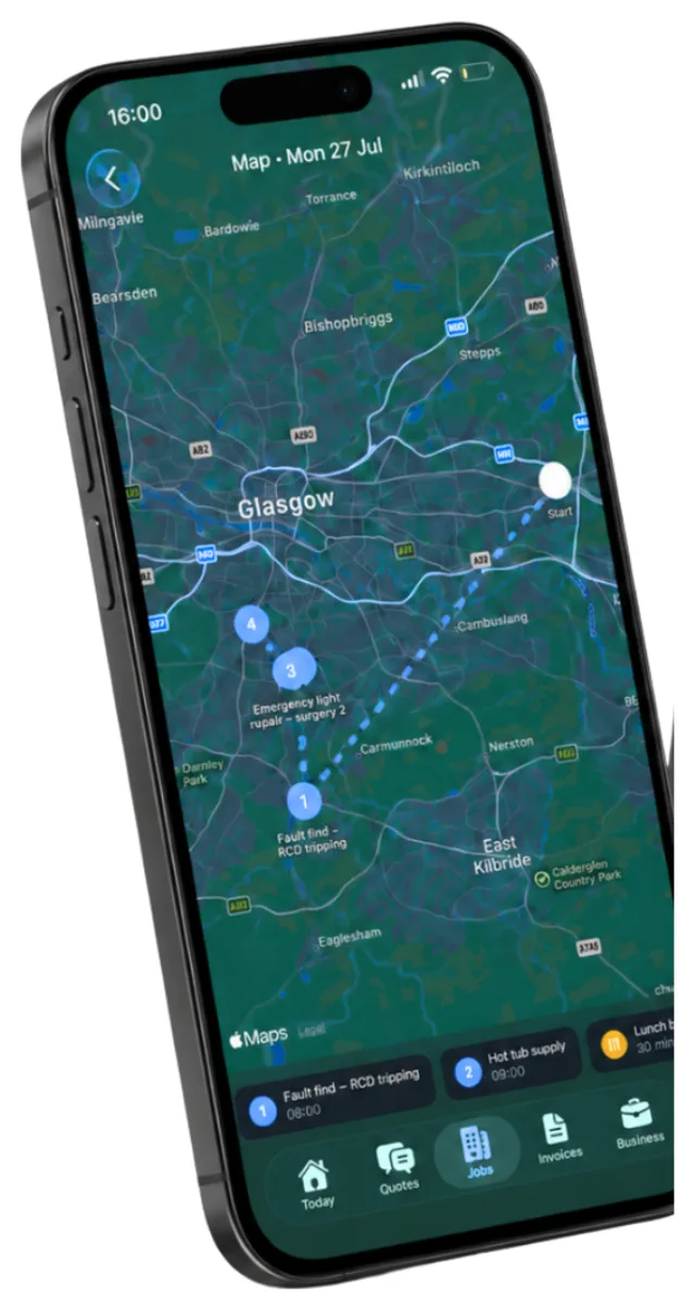 The Traddie map view showing a day of jobs plotted across Glasgow with the route drawn between each stop