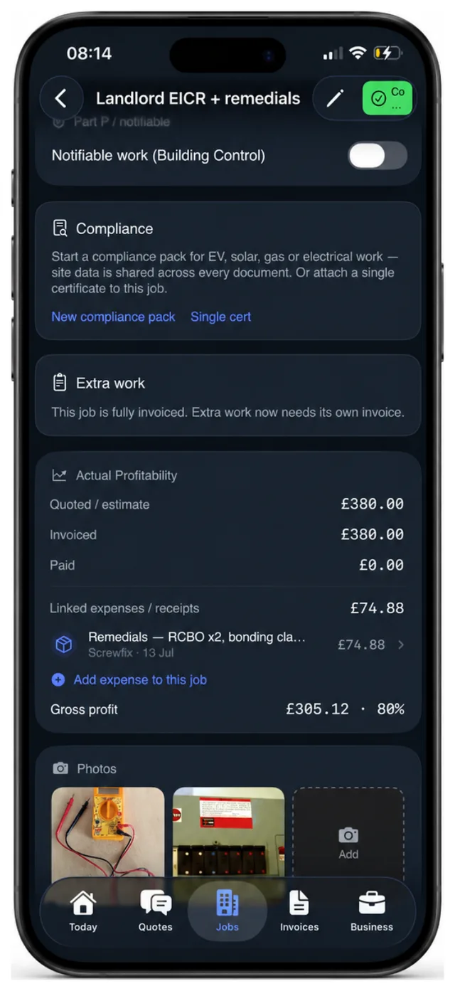 The Actual Profitability panel on a Traddie job, showing quoted, invoiced and paid amounts alongside linked expenses and a gross profit figure