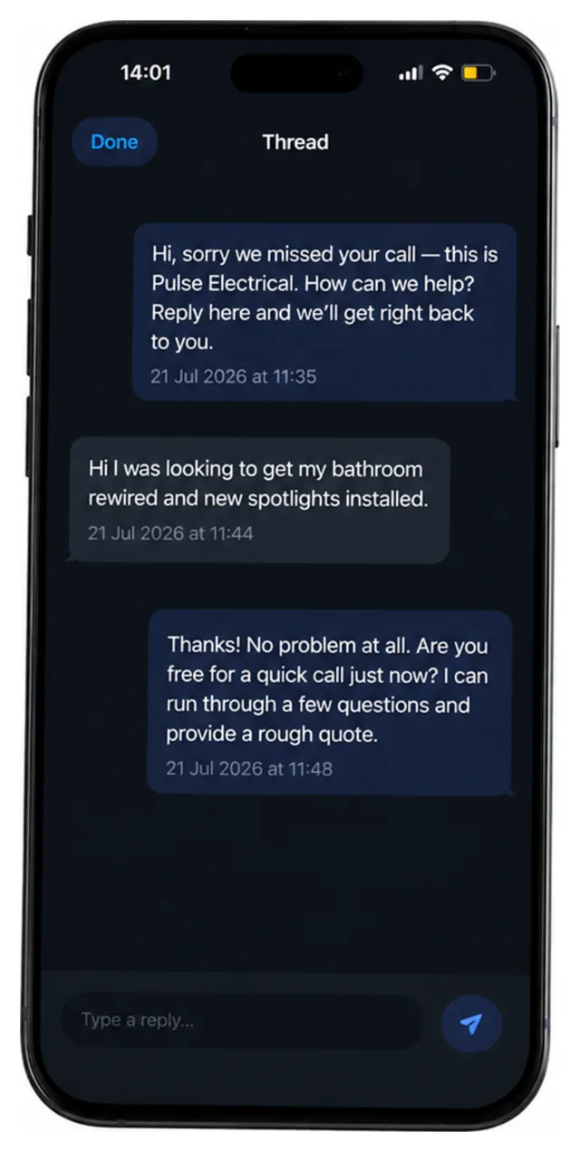 A missed call text-back conversation in Traddie, where the business texts the caller and the customer replies describing a bathroom rewire