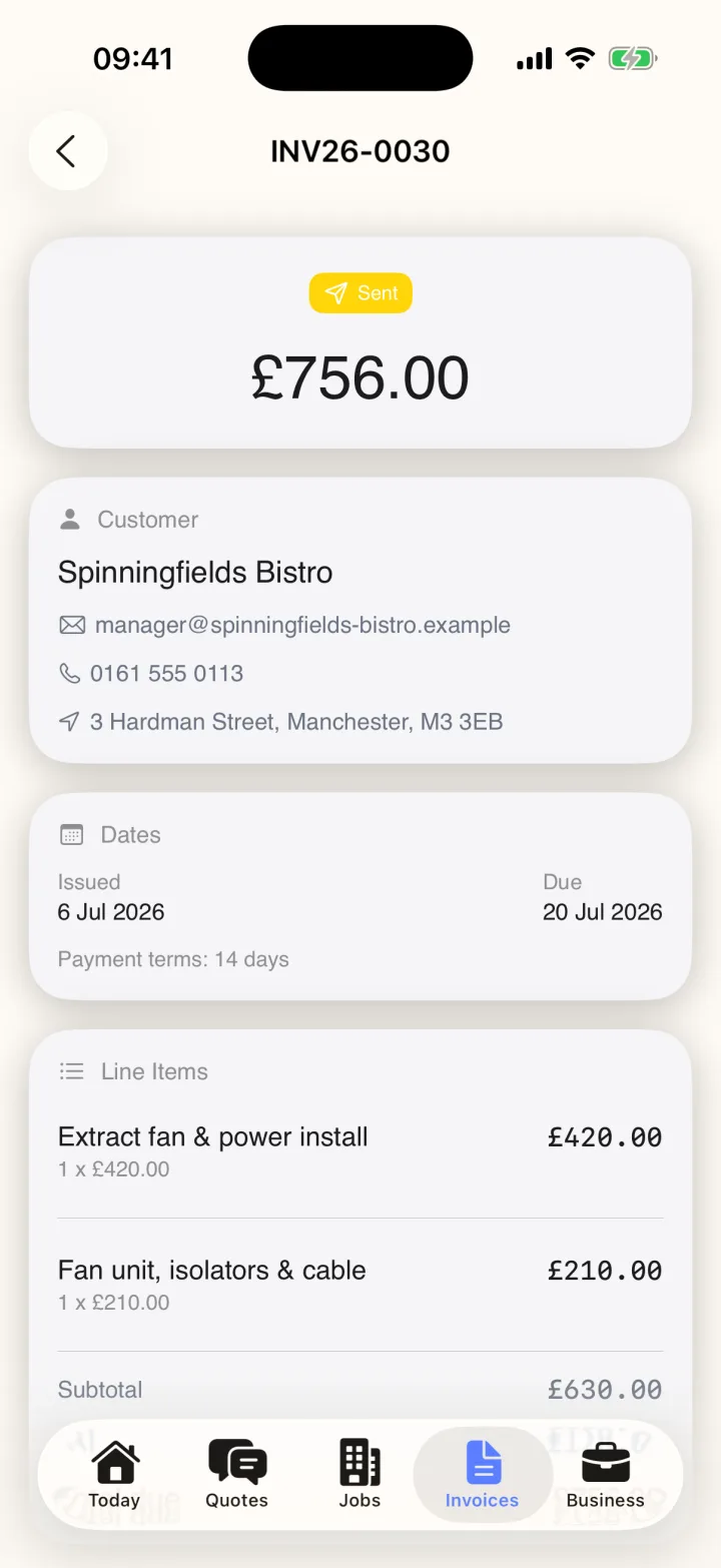 Traddie invoice with line items and VAT