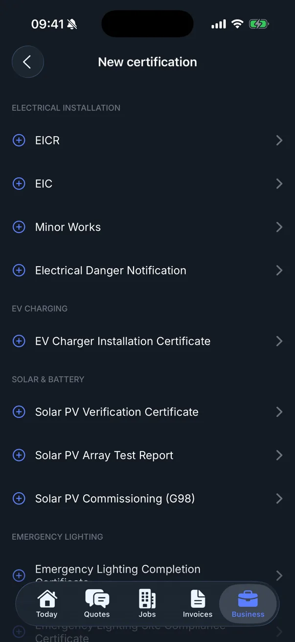 The new certification menu in Traddie listing EICR, EIC, Minor Works, Electrical Danger Notification, EV charger and solar PV certificates