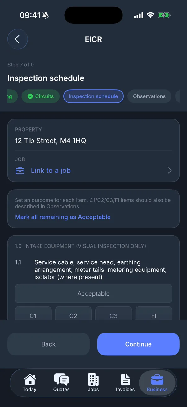 EICR inspection schedule in the Traddie app showing item 1.1 service cable, service head, earthing arrangement, meter tails with Acceptable, C1, C2, C3 and FI options