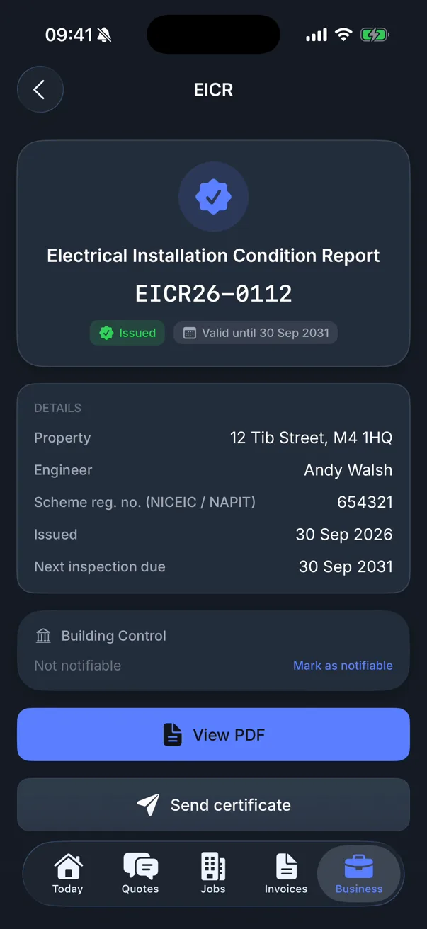 An issued EICR in the Traddie app with the certificate number, issue date, next inspection due date and Send certificate button