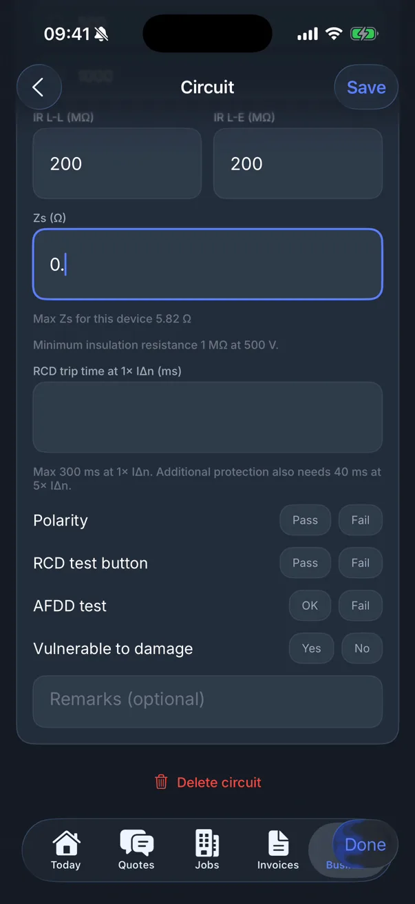 EICR circuit test results in the Traddie app with insulation resistance readings, the maximum Zs for the protective device and the minimum insulation resistance shown under each box