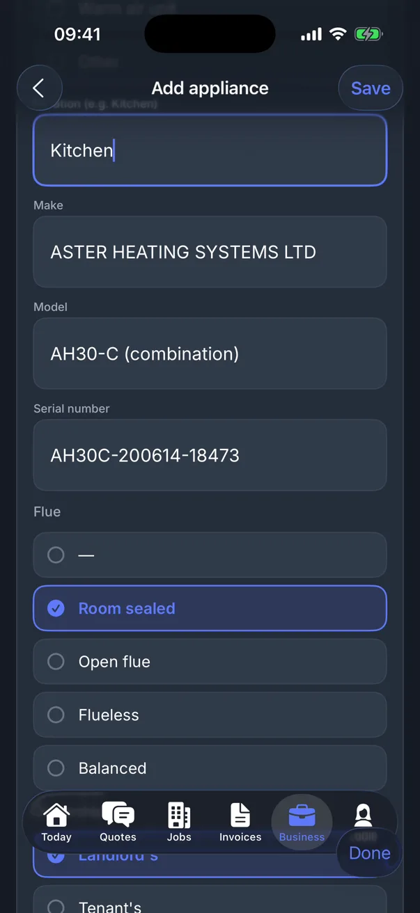 A boiler added in Traddie with location Kitchen, make ASTER Heating Systems, model and serial number filled in from a scan of the data plate