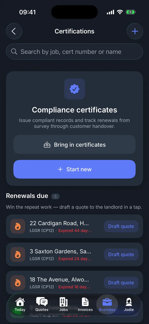 Traddie certifications screen listing landlord gas safety records that have expired, each with a Draft quote button