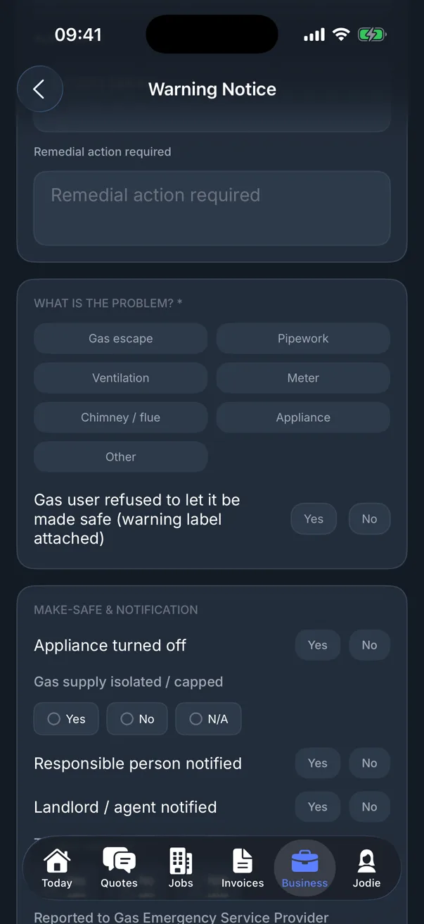 Gas warning notice actions in Traddie: what the problem is, whether the gas user refused to let it be made safe, appliance turned off, supply isolated and who was notified