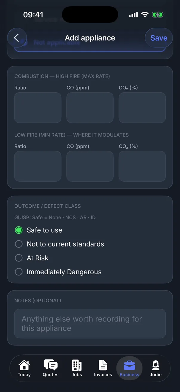 Combustion readings at high and low fire and the outcome options Safe to use, Not to current standards, At Risk and Immediately Dangerous in Traddie