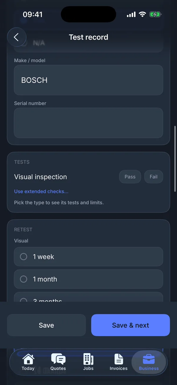 A PAT test record in Traddie for a Bosch kettle with the visual inspection and retest interval options