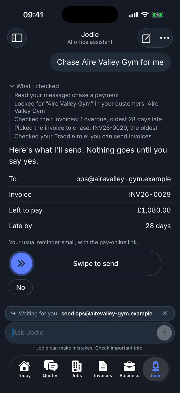 Jodie preparing a reminder for a £1,080.00 invoice that is 28 days late, waiting for a swipe to send