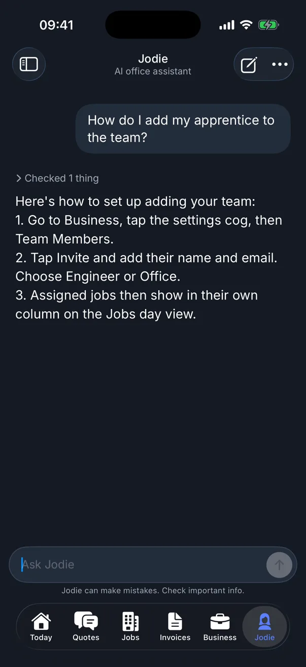 Jodie answering How do I add my apprentice to the team with three numbered steps for inviting a team member in Traddie