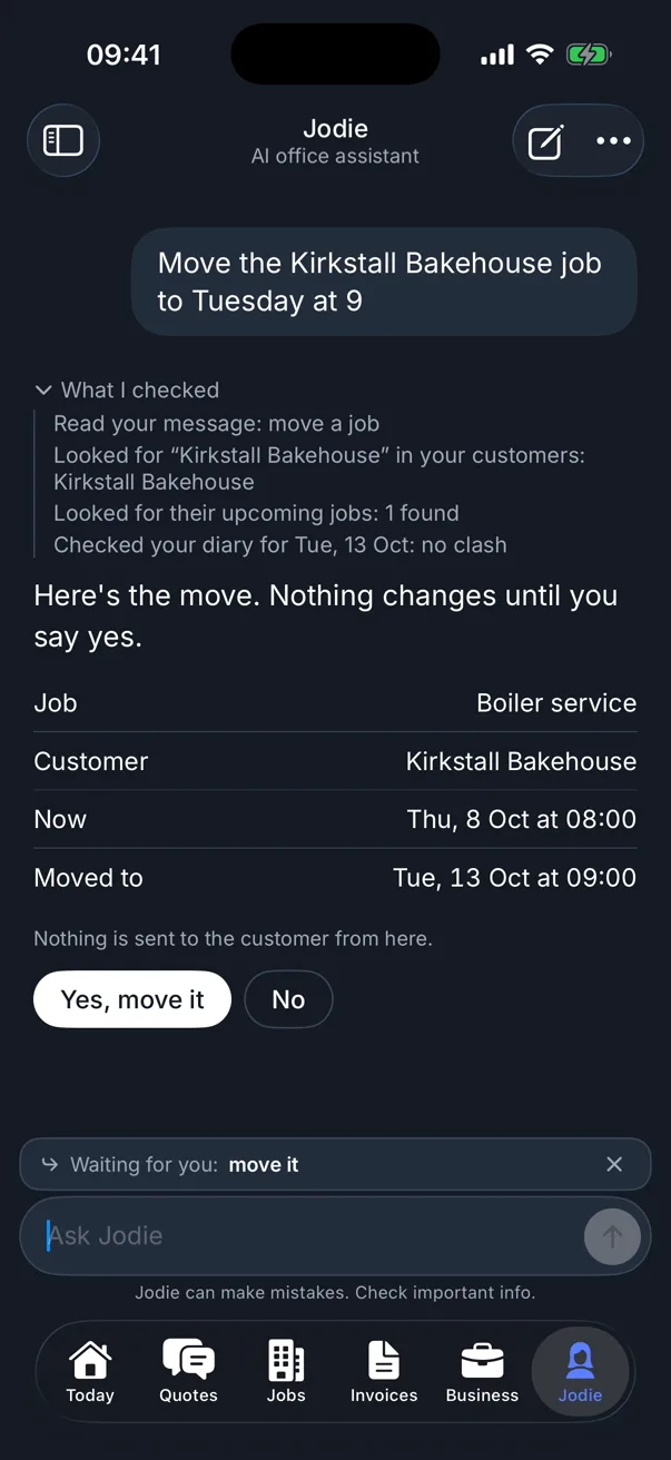 Jodie preparing to move a boiler service for Kirkstall Bakehouse from Thursday 8 October at 08:00 to Tuesday 13 October at 09:00, after checking the diary for clashes