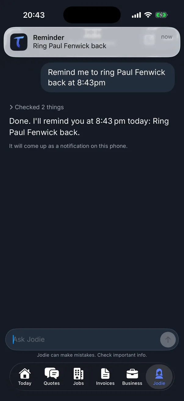 A Traddie notification at 20:43 reading Reminder, Ring Paul Fenwick back, above the chat where Jodie confirmed the reminder