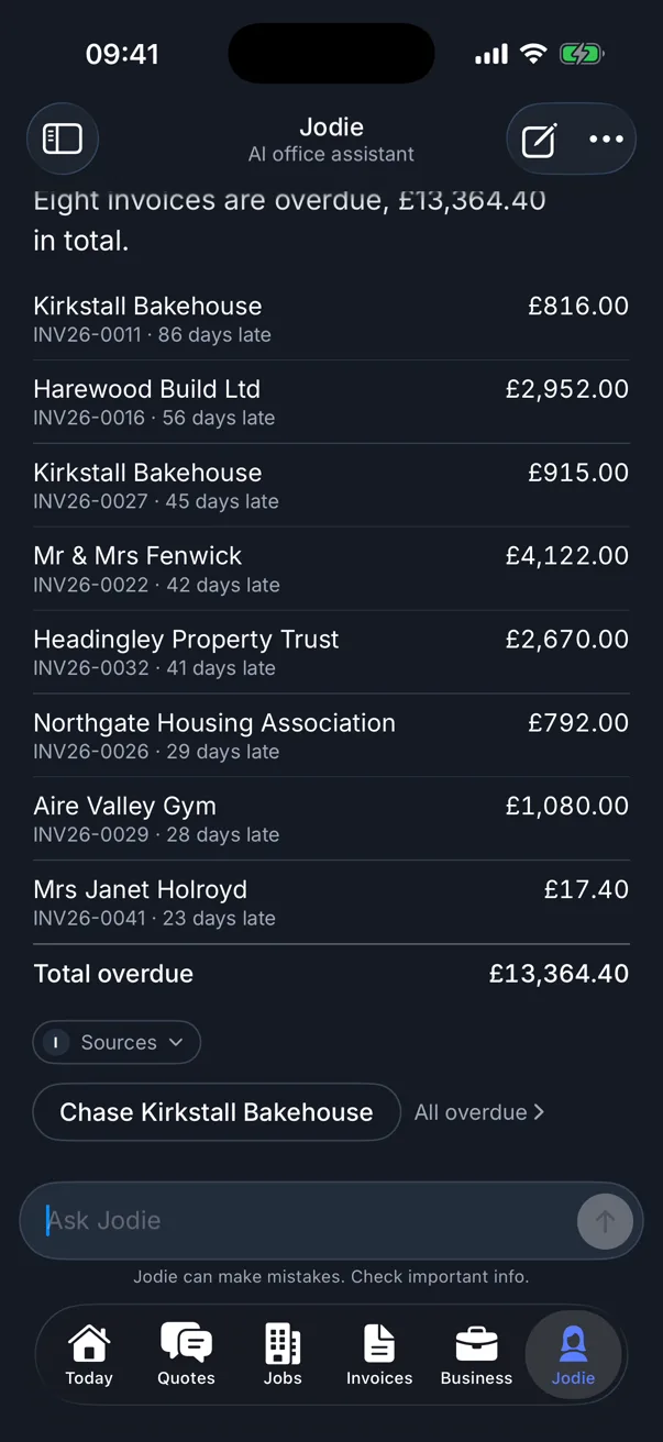 Jodie in Traddie listing eight overdue invoices oldest first with a total of £13,364.40