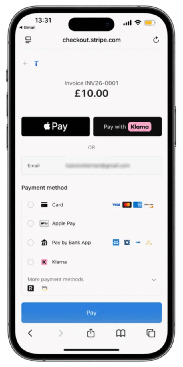 A Traddie invoice payment page on a phone showing Apple Pay, Pay with Klarna, card and other payment methods