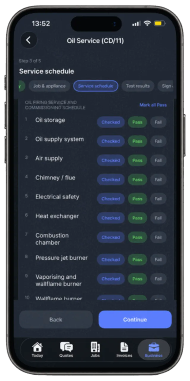 A CD/11 oil service record on a phone showing the oil firing service and commissioning schedule with Checked, Pass and Fail options for each item