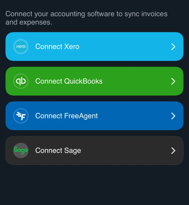 The Accounting screen in the Traddie app with connect buttons for Xero, QuickBooks, FreeAgent and Sage