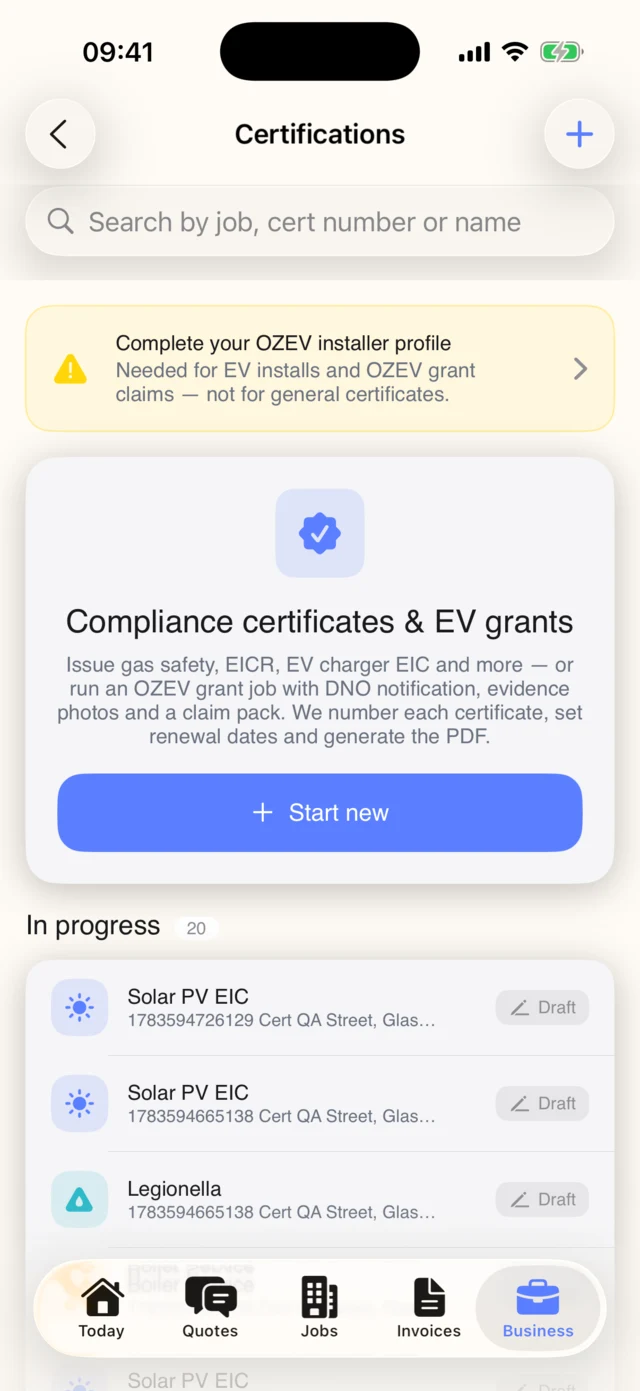 The Certifications hub in the Traddie iOS app, showing gas, electrical and EV certificates in progress