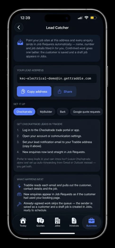 The Lead Catcher screen in the Traddie app, showing a unique lead address and setup guides for Checkatrade, MyBuilder, Bark and Google
