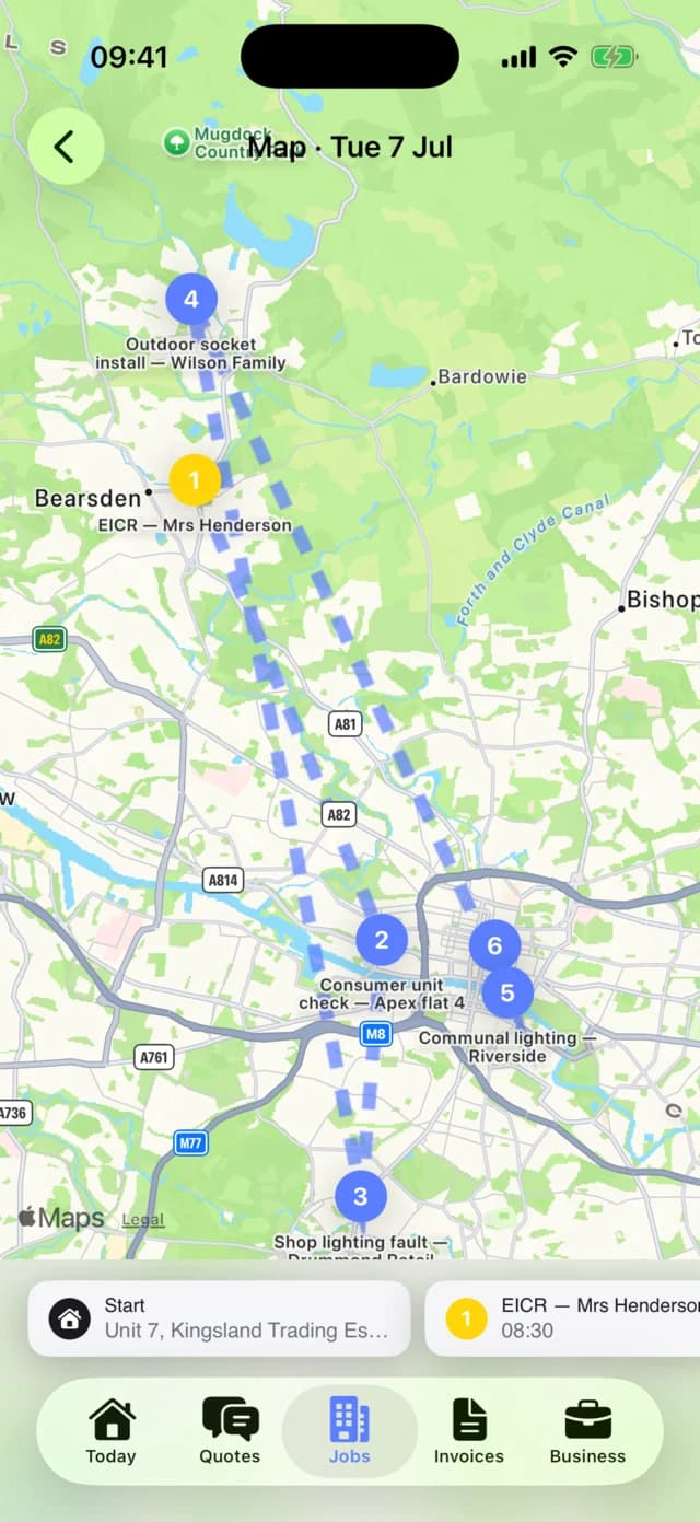 The map view in the Traddie app showing a day's jobs plotted on a map of Glasgow with the route between them