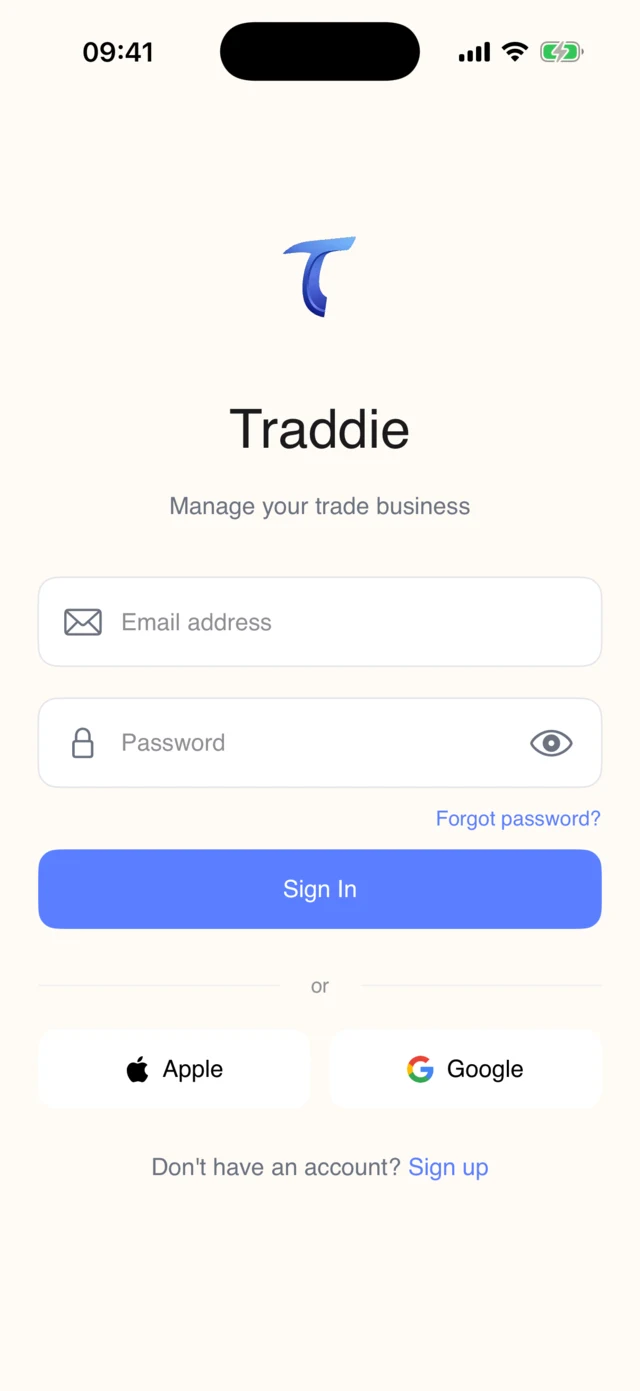 The Traddie sign-in screen with Apple and Google sign-in buttons