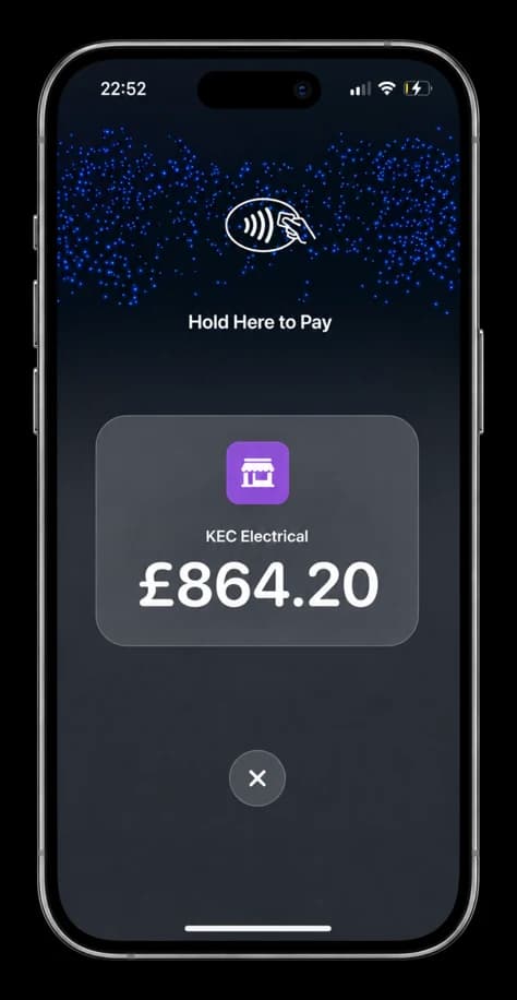 Tap to Pay on iPhone in the Traddie app, ready to take a £864.20 payment